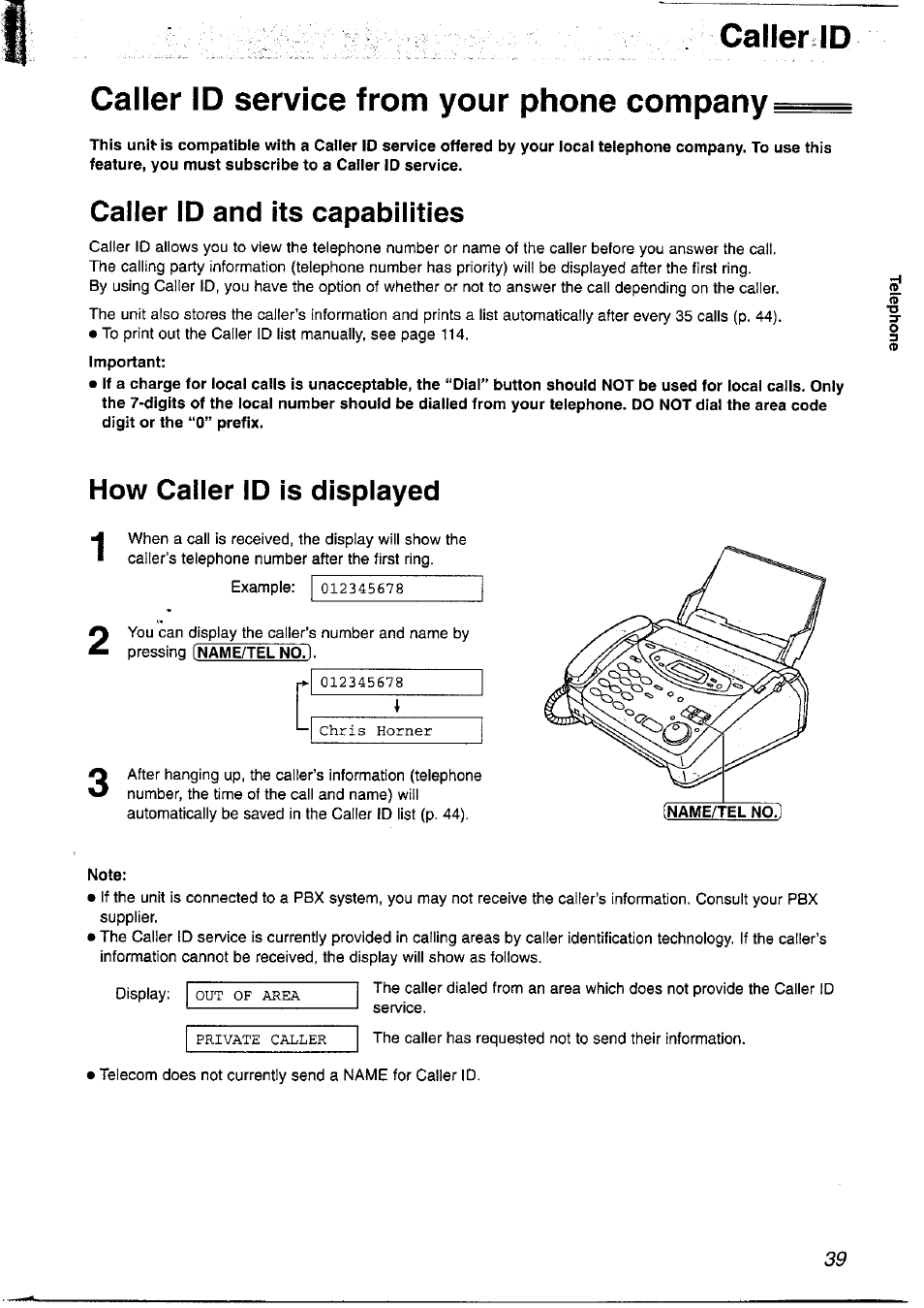 Caller id service from your phone company, Caller id and its capabilities, How caller id is displayed | Caller id | Panasonic KX-FP121NZ User Manual | Page 39 / 124