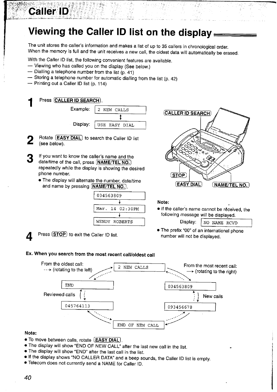 Viewing the caller id list on the display, Press [caller id search), Caller id | Panasonic KX-FP121NZ User Manual | Page 40 / 124