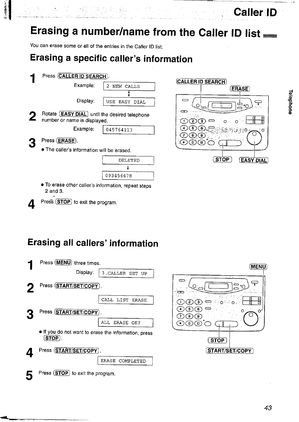 Erasing a number/name from the caller id list, Erasing a specific caller’s information, Erasing all callers’ information | Caller id | Panasonic KX-FP121NZ User Manual | Page 43 / 124