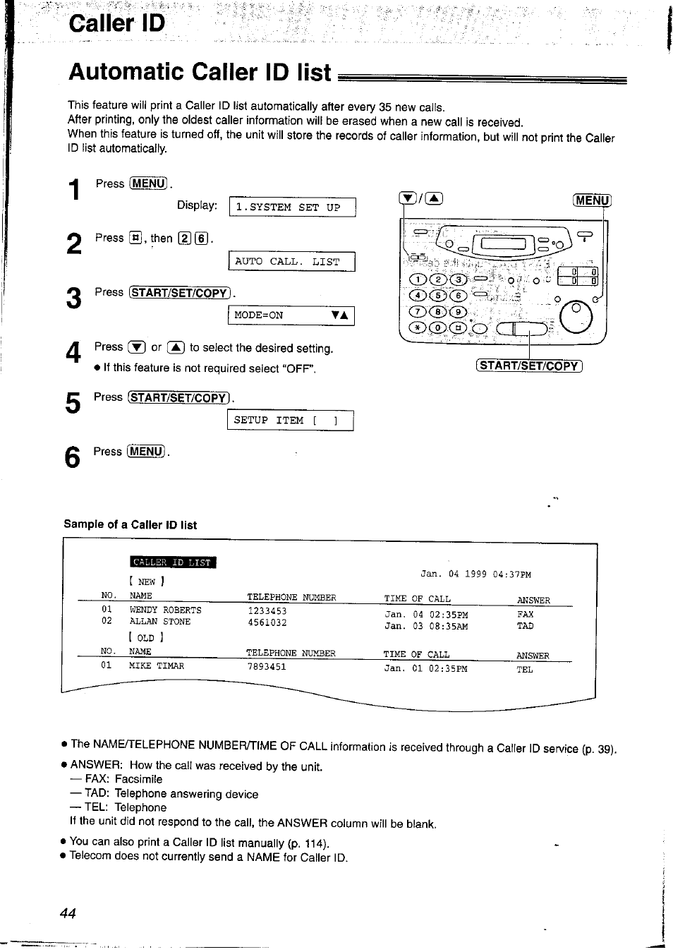 Automatic caller id list, Caller id | Panasonic KX-FP121NZ User Manual | Page 44 / 124