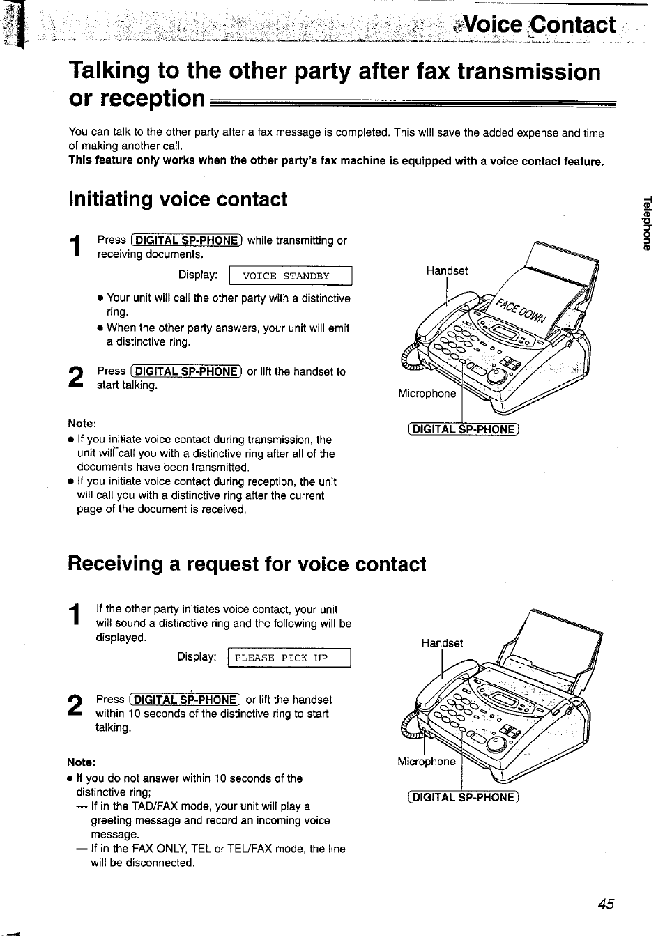 Voice contact, Initiating voice contact, Note | Receiving a request for voice contact | Panasonic KX-FP121NZ User Manual | Page 45 / 124