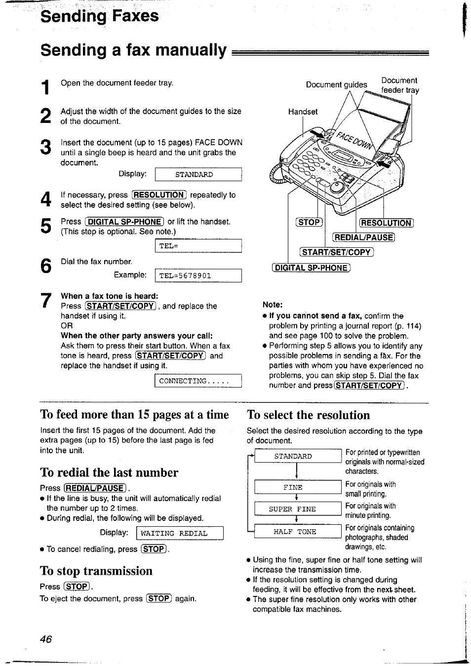 Sending a fax manually, When a fax tone is heard, To redial the last number | To stop transmission, Sending faxes | Panasonic KX-FP121NZ User Manual | Page 46 / 124