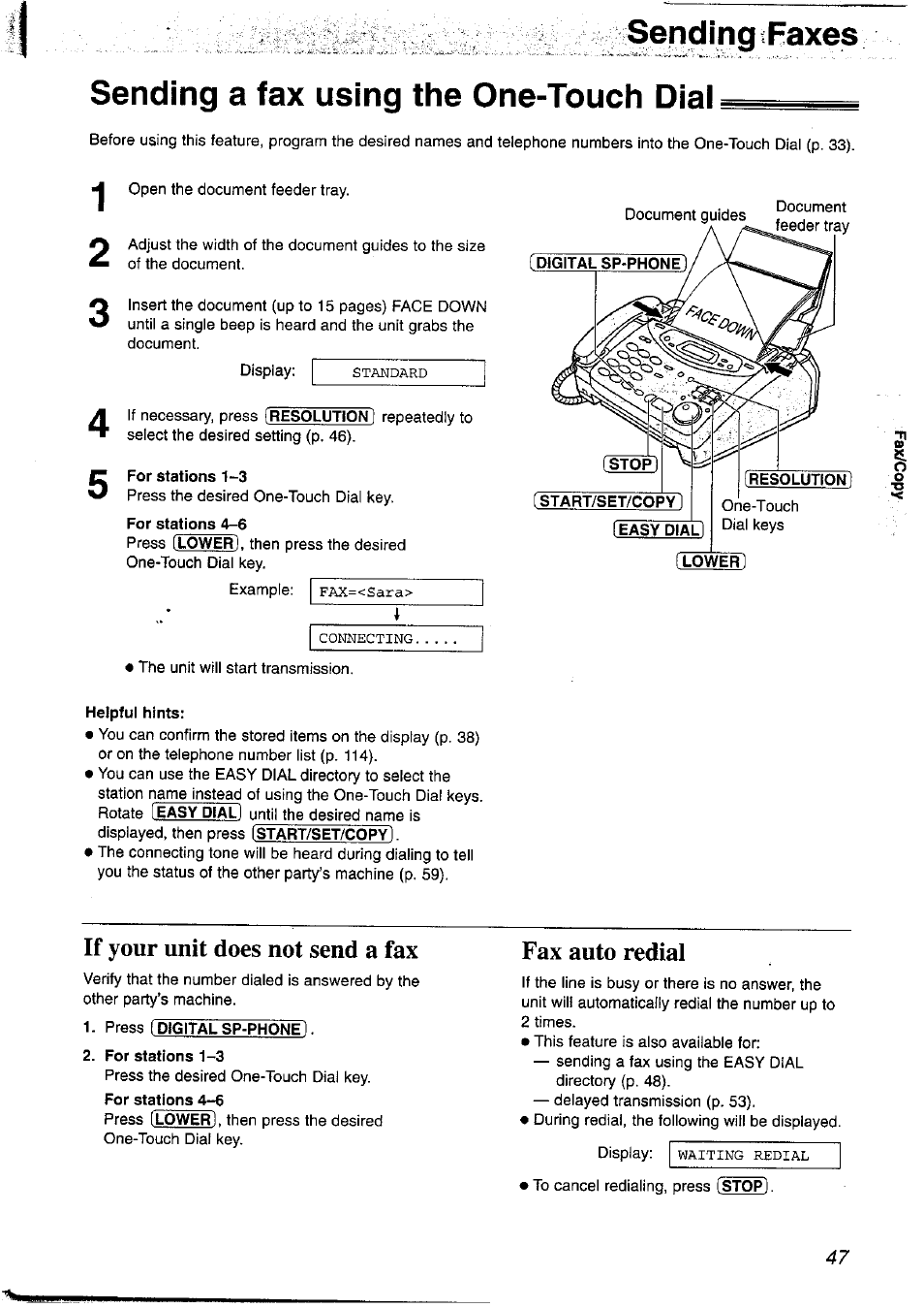 Sending faxes, Sending a fax using the one-touch diai, For stations 1-3 | For stations 4-6, Helpful hints, If your unit does not send a fax, Press [digitalsp-phone), Fax auto redial | Panasonic KX-FP121NZ User Manual | Page 47 / 124