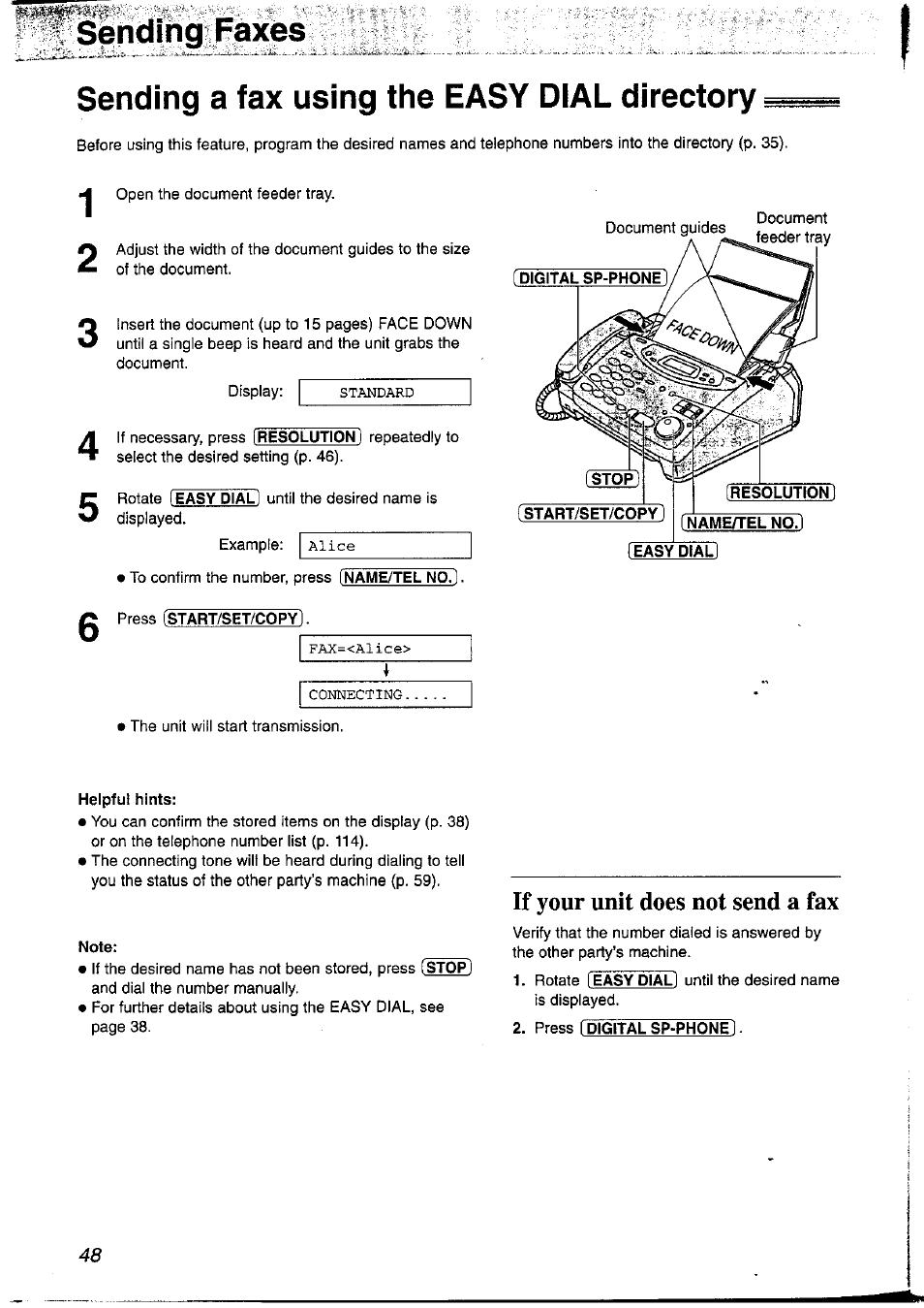 H'^;:pseriding •. faxes, Sending a fax using the easy dial directory, Name/tel no | Helpful hints, Note | Panasonic KX-FP121NZ User Manual | Page 48 / 124