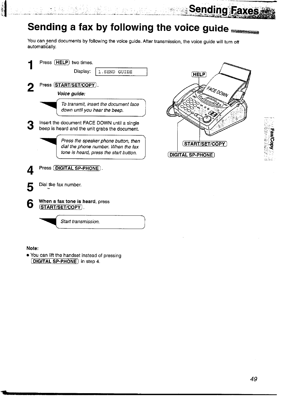 Sending a fax by following the voice guide, Wwtsendihg | Panasonic KX-FP121NZ User Manual | Page 49 / 124