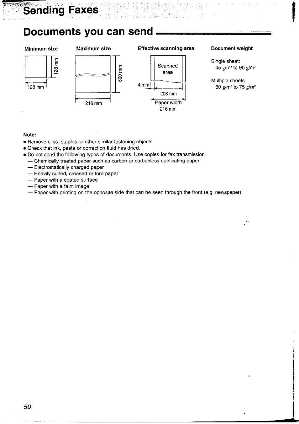 Documents you can send, Effective scanning area, Document weight | Note, Sending faxes | Panasonic KX-FP121NZ User Manual | Page 50 / 124