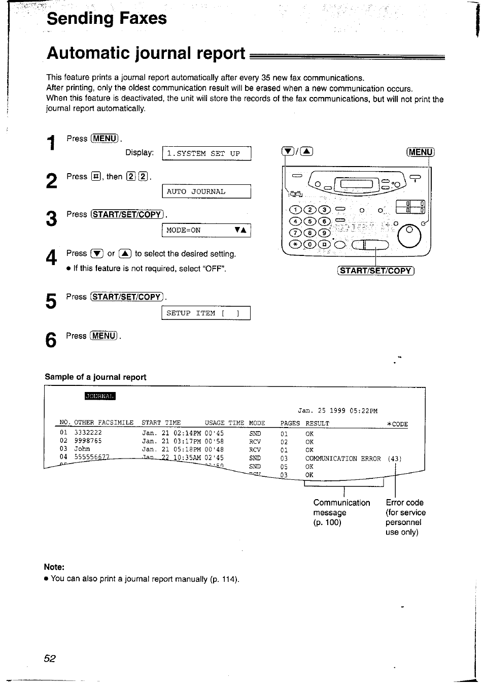 Sending faxes automatic journai report | Panasonic KX-FP121NZ User Manual | Page 52 / 124