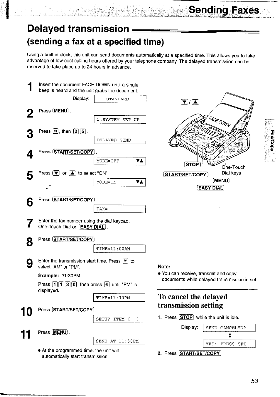 Sending faxes, Delayed transmission, Sending a fax at a specified time) | Press istart/set/copy, Press [start/set/copy, Example: 11:30pm, Menu, Easy dial, Note, To cancel the delayed transmission setting | Panasonic KX-FP121NZ User Manual | Page 53 / 124