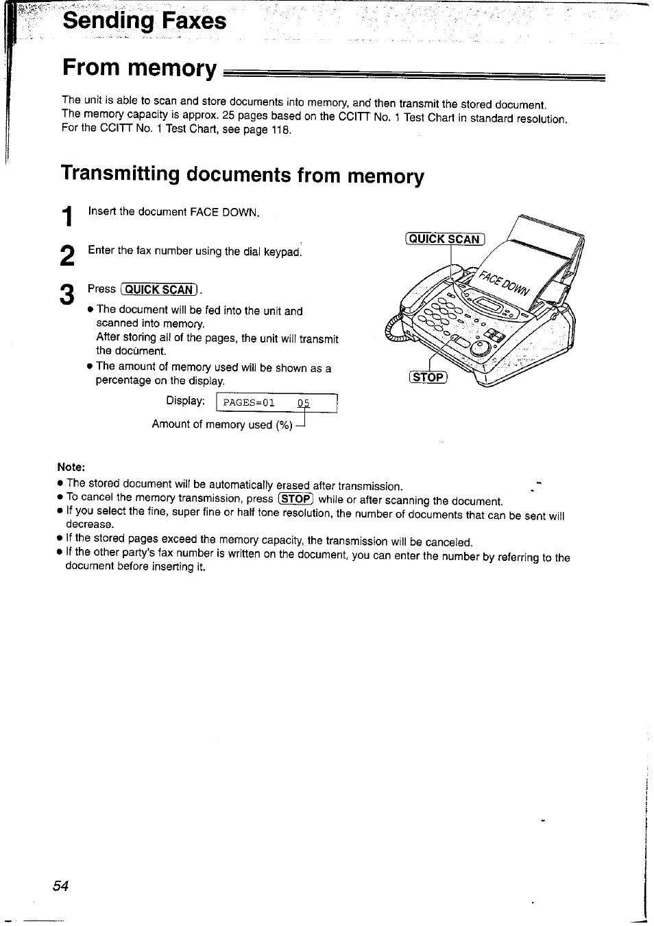 Senciihg faxes from memory, Transmitting documents from memory | Panasonic KX-FP121NZ User Manual | Page 54 / 124