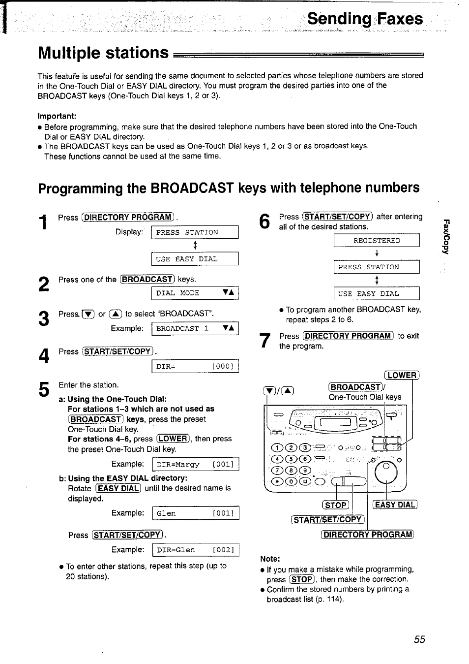 Multiple stations, Important, Press [directory program | Press fstart/set/copy), Lower, Stop), Start/set/copy), Easy dial, Directory progr, Note | Panasonic KX-FP121NZ User Manual | Page 55 / 124