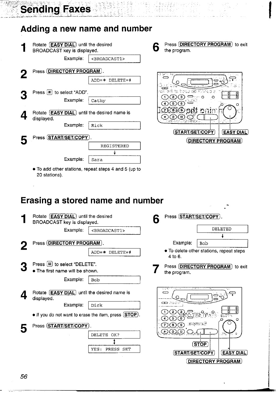 Sending faxes adding a new name and number 1, Press [directory program, Start/set/copy | Easy dial) (directory program), Erasing a stored name and number, Press (directory program), Sending faxes, Adding a new name and number | Panasonic KX-FP121NZ User Manual | Page 56 / 124