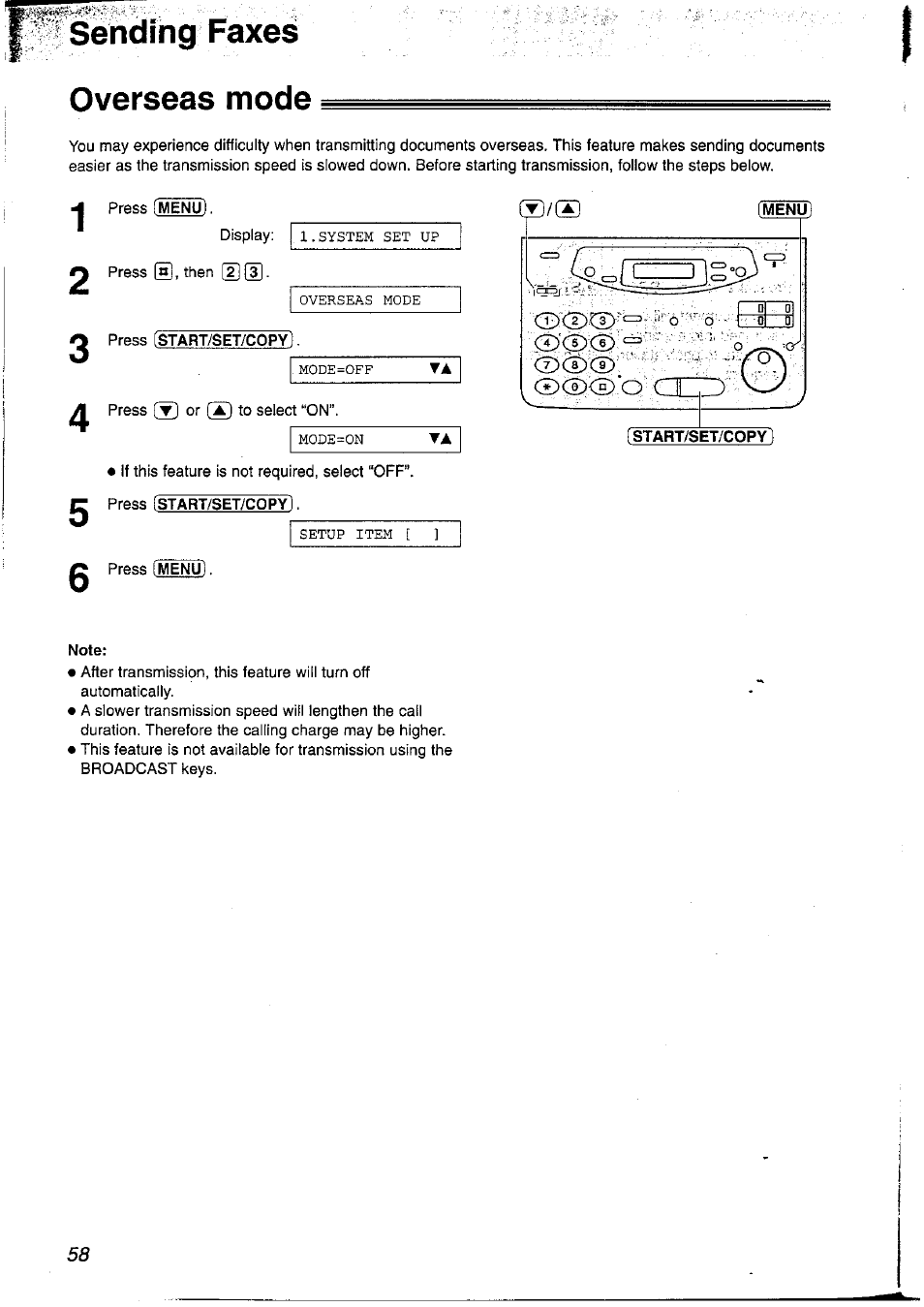 Overseas mode, Note, I sending faxes | Panasonic KX-FP121NZ User Manual | Page 58 / 124