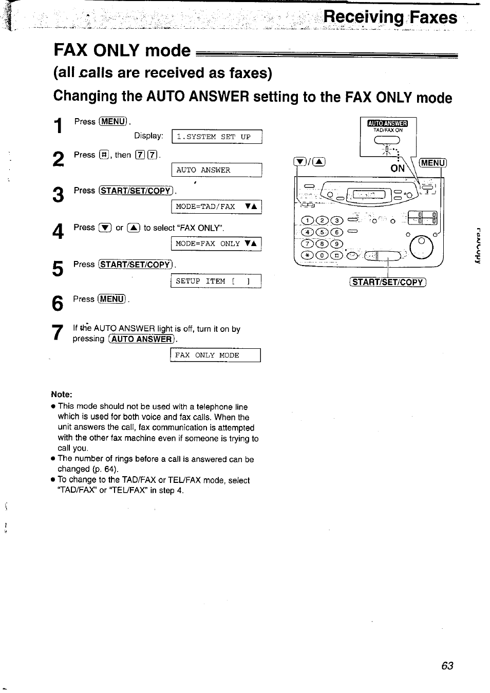 Fax only mode, All jcalls are received as faxes), Note | Receiving faxes | Panasonic KX-FP121NZ User Manual | Page 63 / 124