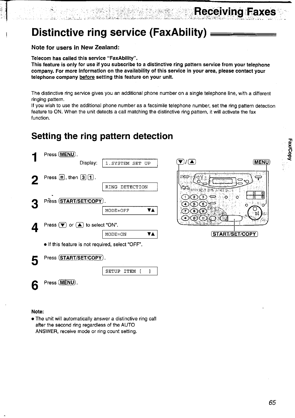 Flelfiyipaira, Distinctive ring service (faxabiiity), Telecom has called this service “faxabiiity | Setting the ring pattern detection 1 2, Press [menu, Press [start/set/copy, Note, Setting the ring pattern detection | Panasonic KX-FP121NZ User Manual | Page 65 / 124