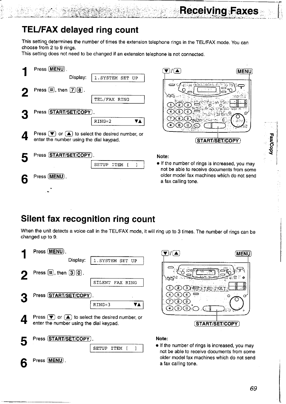 Tel/fax delayed ring count, Note, Silent fax recognition ring count | Ri^^iyingiip^s | Panasonic KX-FP121NZ User Manual | Page 69 / 124