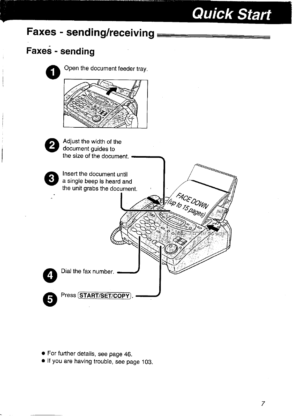 Faxes - sending/receiving, Faxes - sending, Quick start | Panasonic KX-FP121NZ User Manual | Page 7 / 124