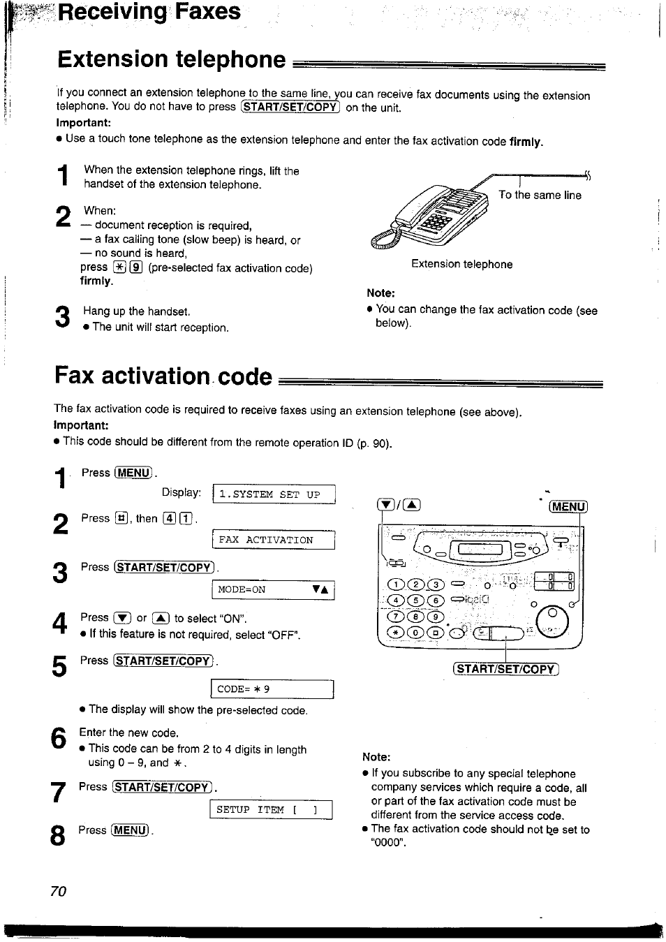 Receiving faxes extension teiephone, Important, Note | Fax activation code, Press (start/set/copy1, Press [start/set/copyl | Panasonic KX-FP121NZ User Manual | Page 70 / 124