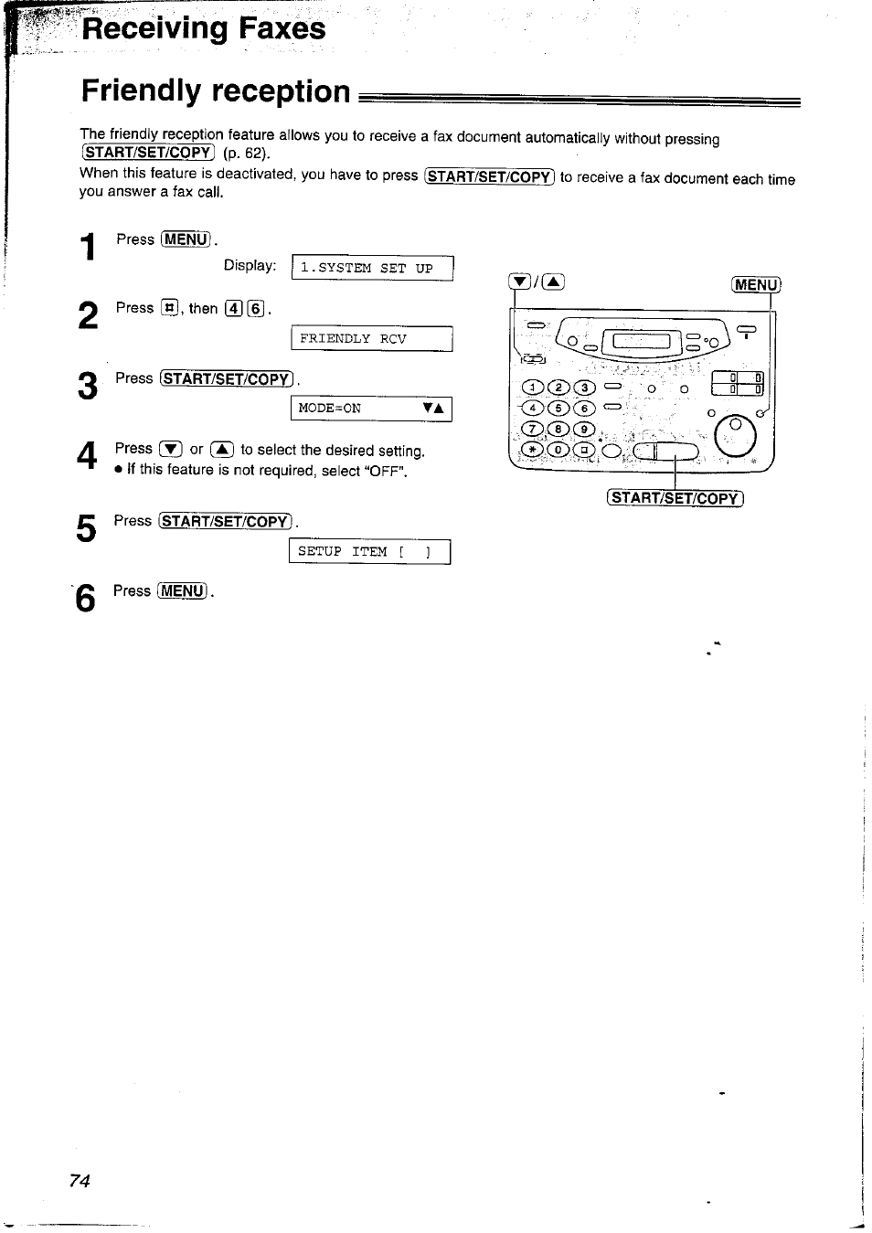 Friendly reception, Menu), Receiving | Panasonic KX-FP121NZ User Manual | Page 74 / 124