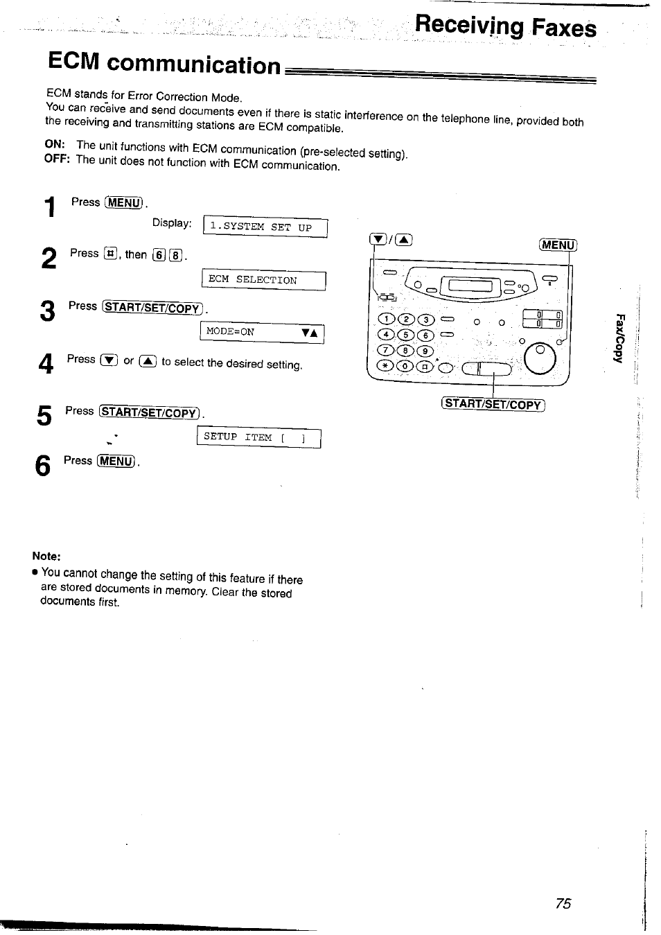 Ecm communication, Press istart/set/copy, Menu | Istart/set/copy), Note, Receiving faxee | Panasonic KX-FP121NZ User Manual | Page 75 / 124