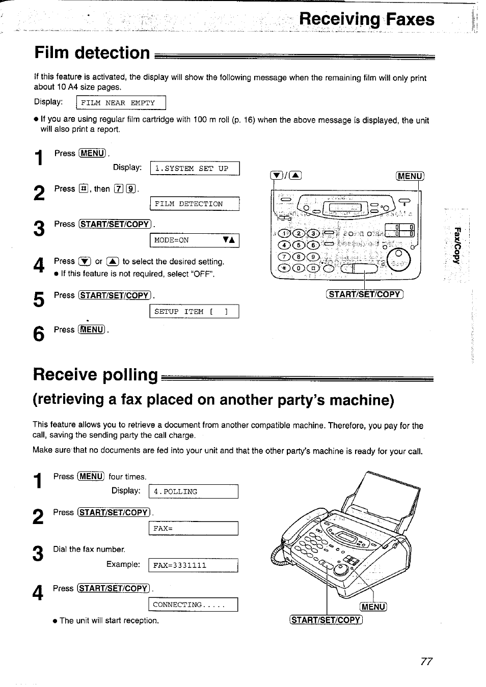 Film detection, Receive, Receiving faxes | Panasonic KX-FP121NZ User Manual | Page 77 / 124