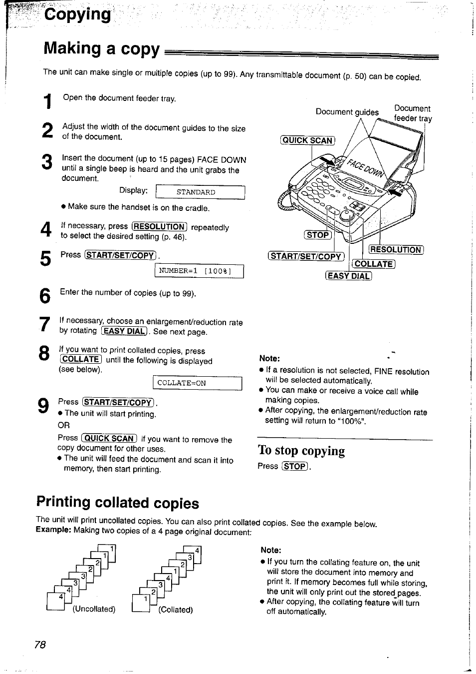 Gopying, Making a copy, Note | Printing coilated copies, Gopying making a copy | Panasonic KX-FP121NZ User Manual | Page 78 / 124