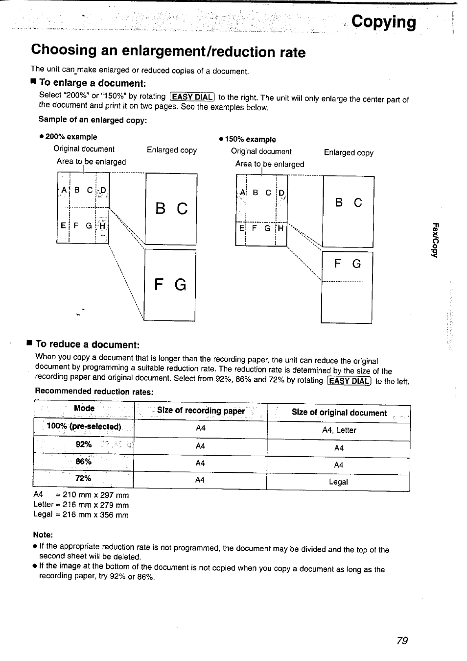Choosing an enlargement/reduction rate, 200% example, 150% example | Recommended reduction rates, Note, Copying | Panasonic KX-FP121NZ User Manual | Page 79 / 124