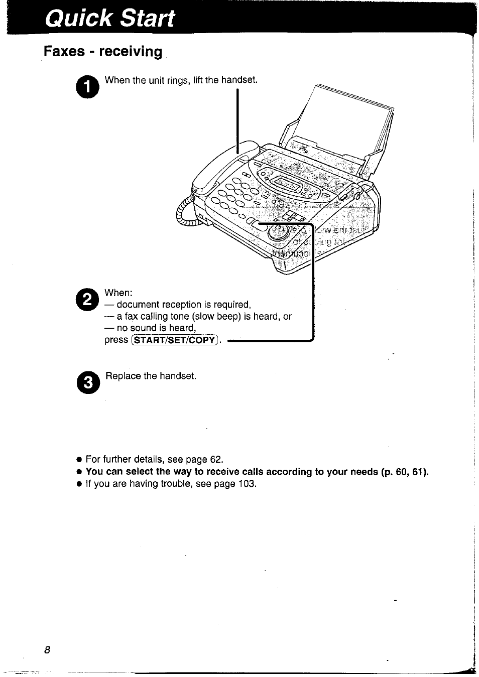 Faxes - receiving, Quick start | Panasonic KX-FP121NZ User Manual | Page 8 / 124