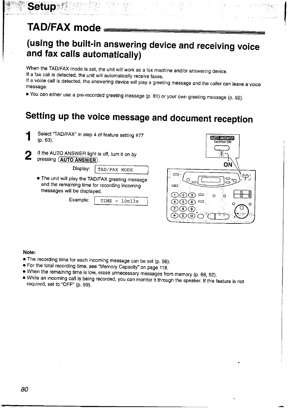 Setup, Tad/fax mode, Setup " tad/fax mode | Panasonic KX-FP121NZ User Manual | Page 80 / 124