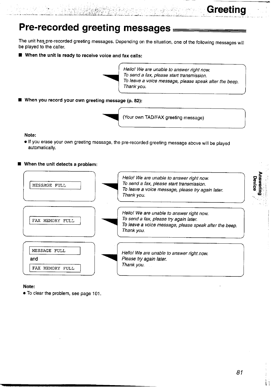 Greeting, Pre-recorded greeting messages, When you record your own greeting message (p. 82) | Note, Greeting pre-recorded greeting messages | Panasonic KX-FP121NZ User Manual | Page 81 / 124