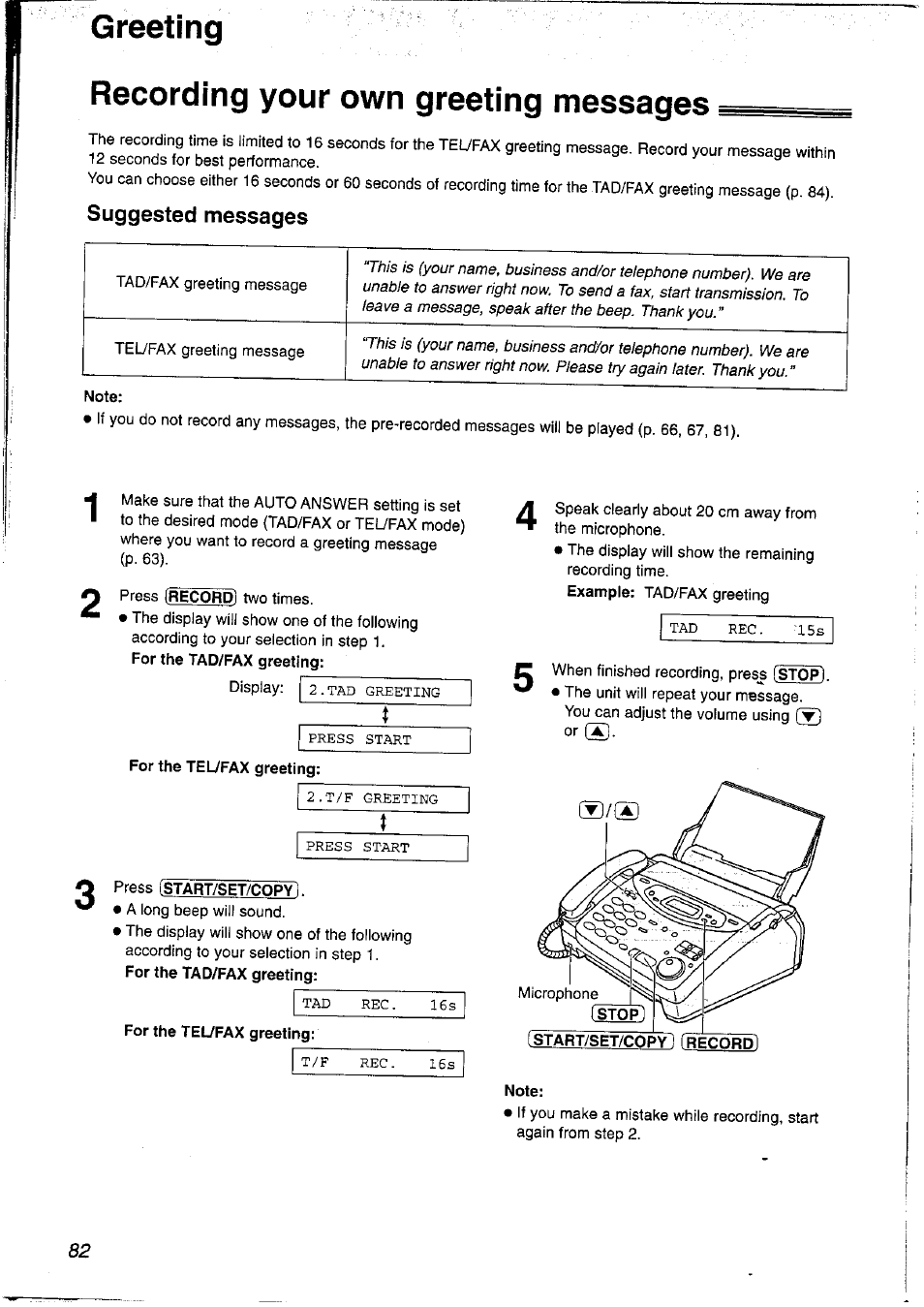 Recording your own greeting messages, Suggested messages, Note | Press (start/set/copy), For the tel/fax greeting, Greeting | Panasonic KX-FP121NZ User Manual | Page 82 / 124