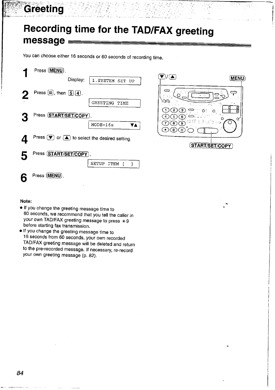 Recording time for the tad/fax greeting message, Tifi, Greeting | Panasonic KX-FP121NZ User Manual | Page 84 / 124