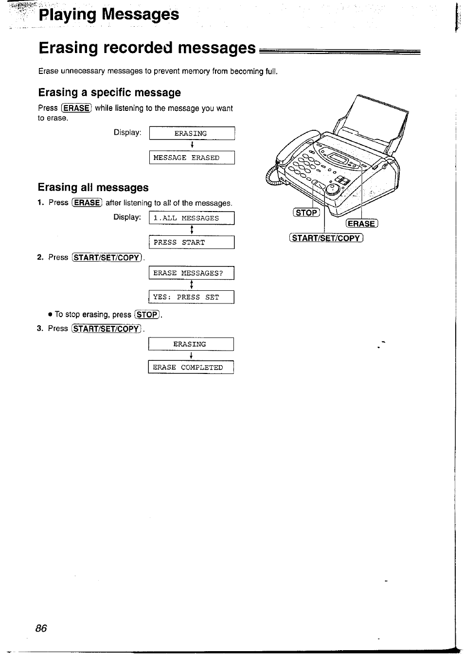 Playing messages, Erasing recorded messages, Erasing a specific message | Erasing all messages, Playing messages erasing recorded messages | Panasonic KX-FP121NZ User Manual | Page 86 / 124