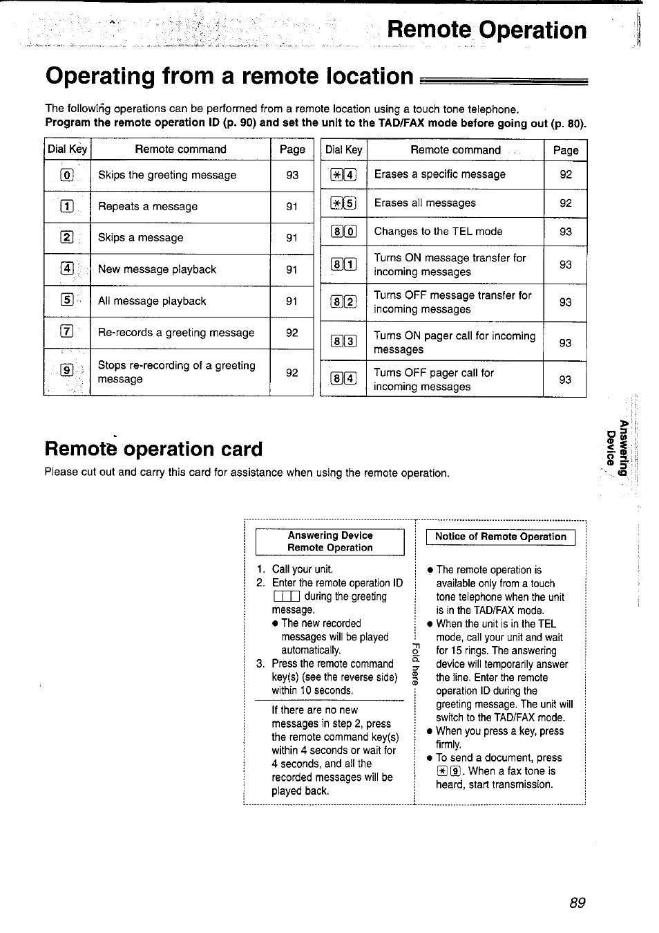 Remote operation operating from a remote iocation, Remote operation card | Panasonic KX-FP121NZ User Manual | Page 89 / 124