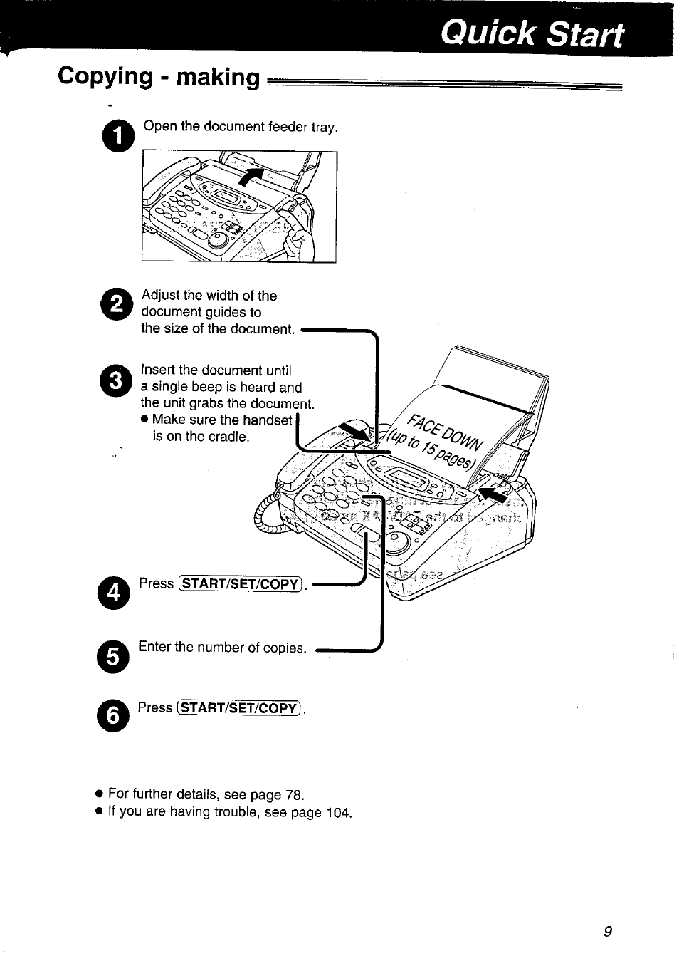 Copying - making, Quick start | Panasonic KX-FP121NZ User Manual | Page 9 / 124