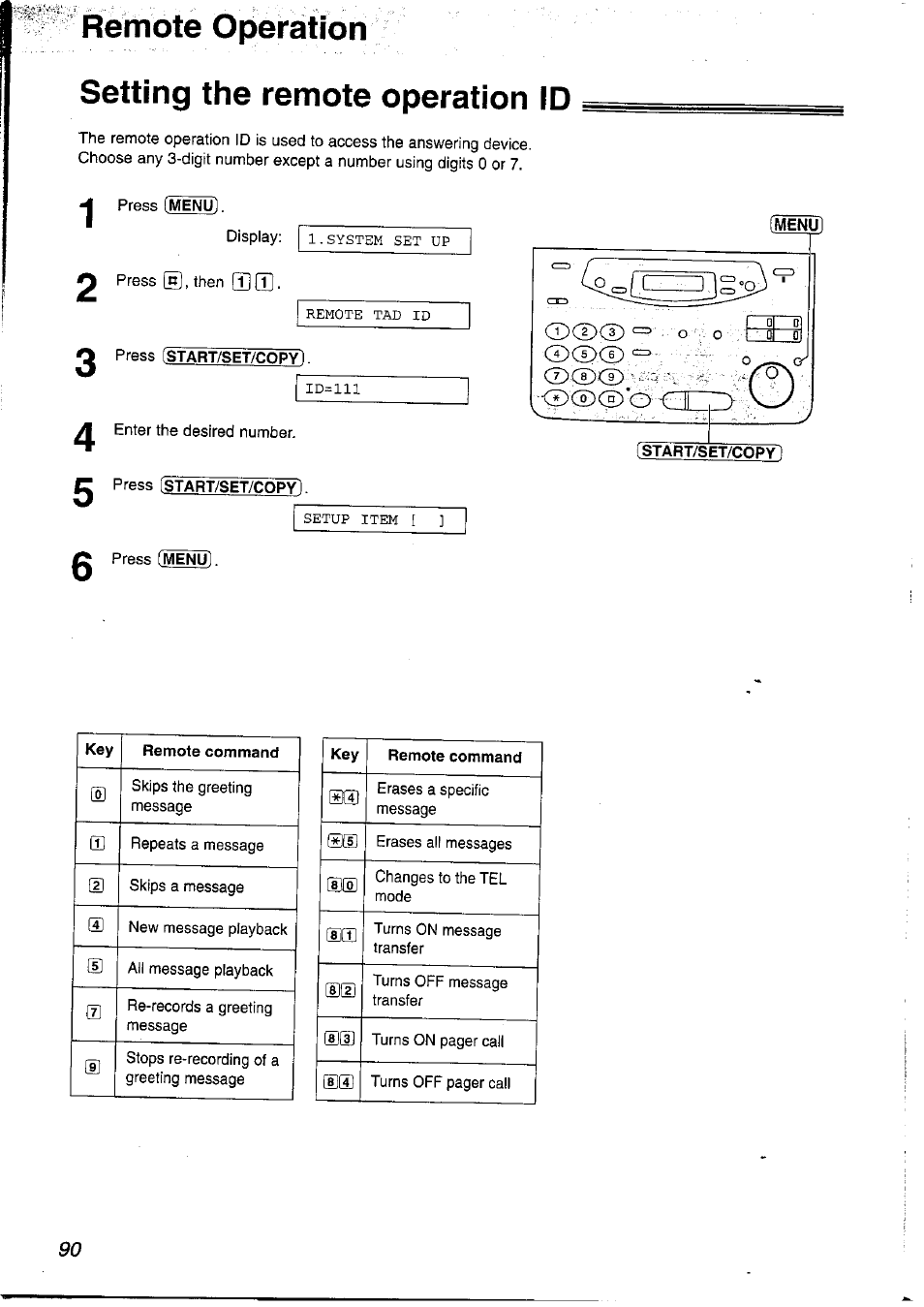 Setting the remote operation id, Press [start/set/copy, Press istart/set/copy | Remote operation | Panasonic KX-FP121NZ User Manual | Page 90 / 124