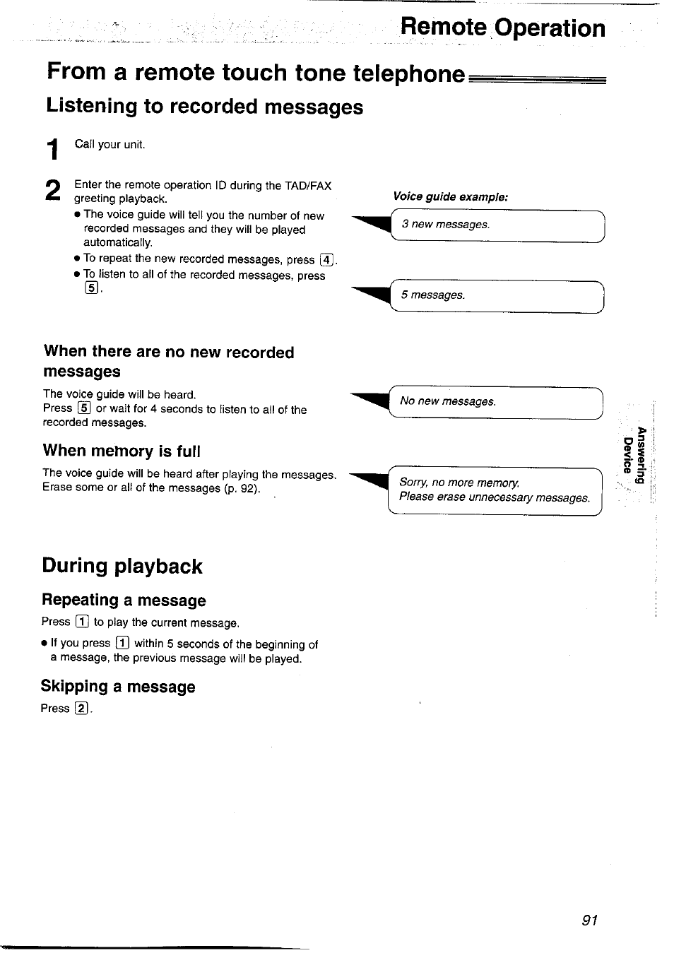 Remote operation, From a remote touch tone telephone, Listening to recorded messages | When there are no new recorded messages, When memory is full, During playback, Repeating a message, Skipping a message | Panasonic KX-FP121NZ User Manual | Page 91 / 124