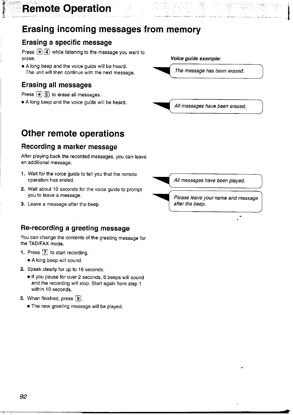 Erasing incoming messages from memory, Erasing a specific message, Erasing all messages | Other remote operations, Recording a marker message, Re-recording a greeting message, Rehibte operation, 3 s) | Panasonic KX-FP121NZ User Manual | Page 92 / 124