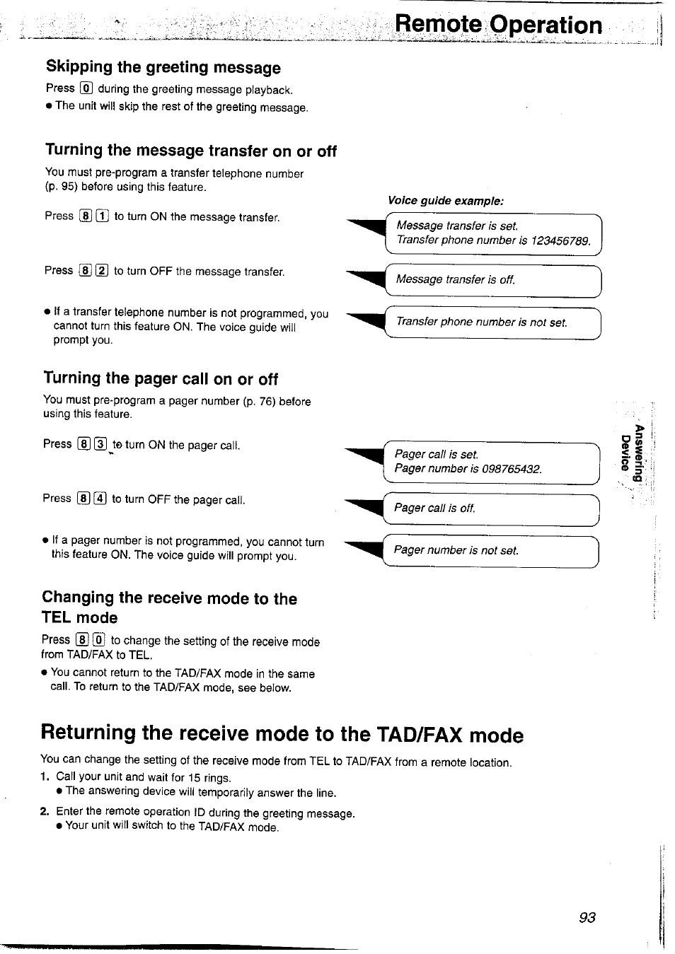 Skipping the greeting message, Turning the message transfer on or off, Changing the receive mode to the tel mode | Returning the receive mode to the tad/fax mode, Remojte operation | Panasonic KX-FP121NZ User Manual | Page 93 / 124