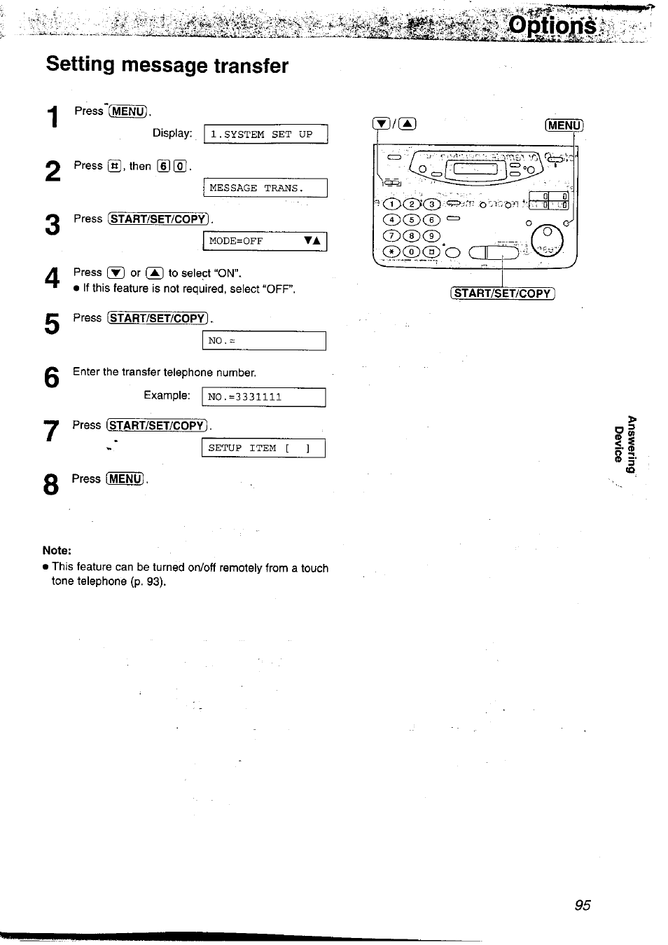 Setting message transfer, Start/set/copy, O nm--iw | Panasonic KX-FP121NZ User Manual | Page 95 / 124