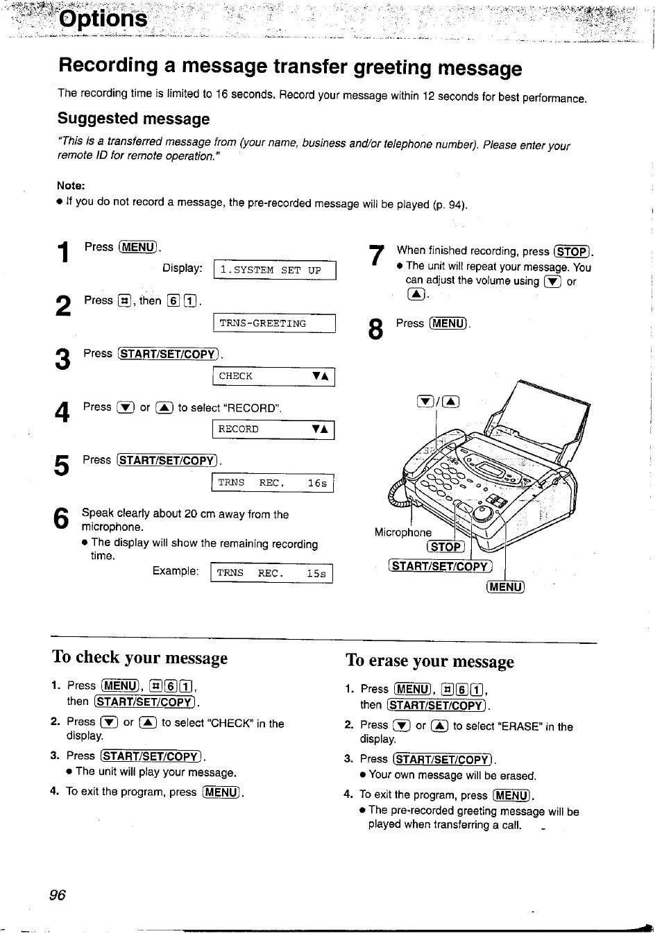 Recording a message transfer greeting message, Suggested message, Options | Panasonic KX-FP121NZ User Manual | Page 96 / 124