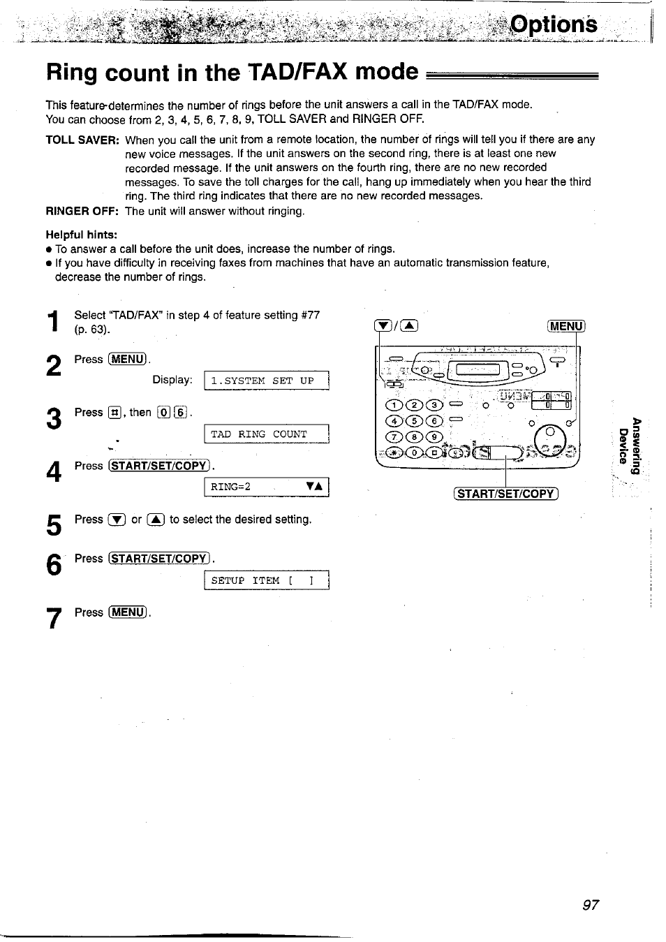 Ring count in the tad/fax mode, Press fstart/set/copy, Ring count in the tad/fax mode = pptions | Panasonic KX-FP121NZ User Manual | Page 97 / 124