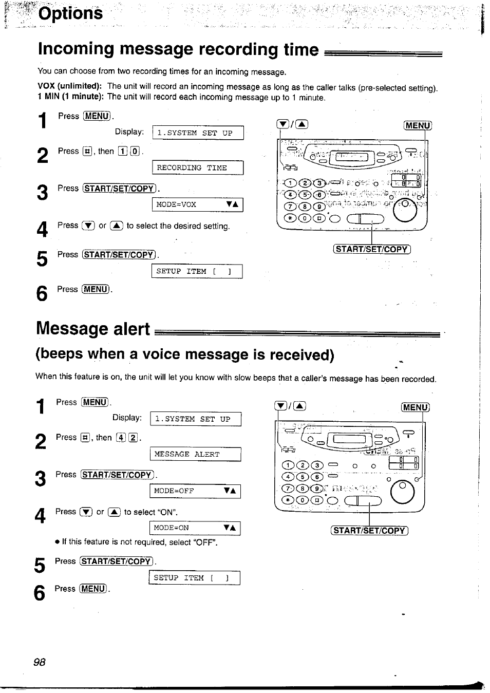 Press (start/set/copyl, Menu, Beeps when a voice message is received) | Optibris, Incoming message recording time, Message alert | Panasonic KX-FP121NZ User Manual | Page 98 / 124