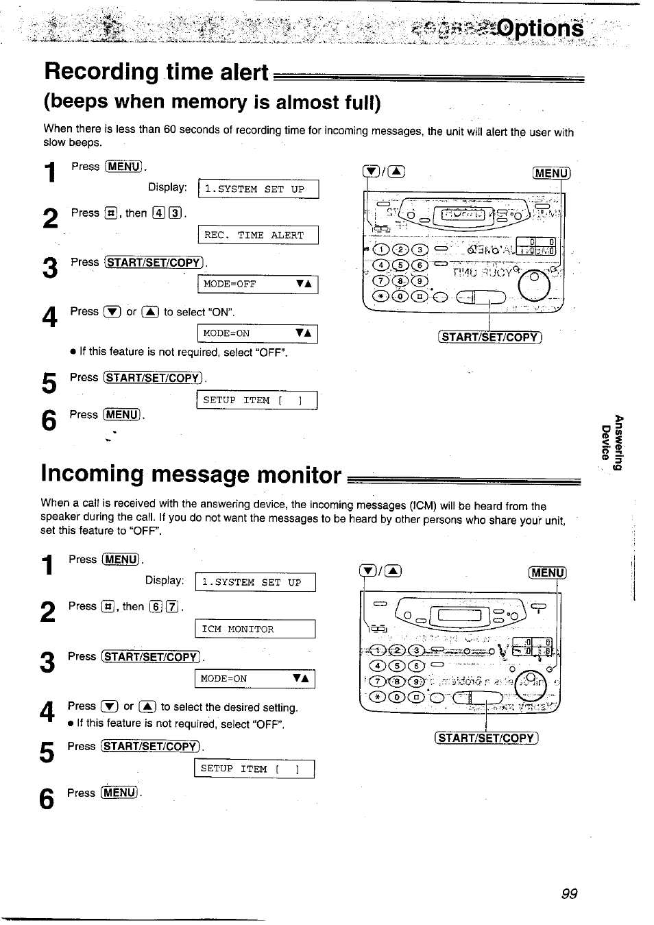 Recording time alert, Beeps when memory is almost full), Incoming message monitor | Panasonic KX-FP121NZ User Manual | Page 99 / 124