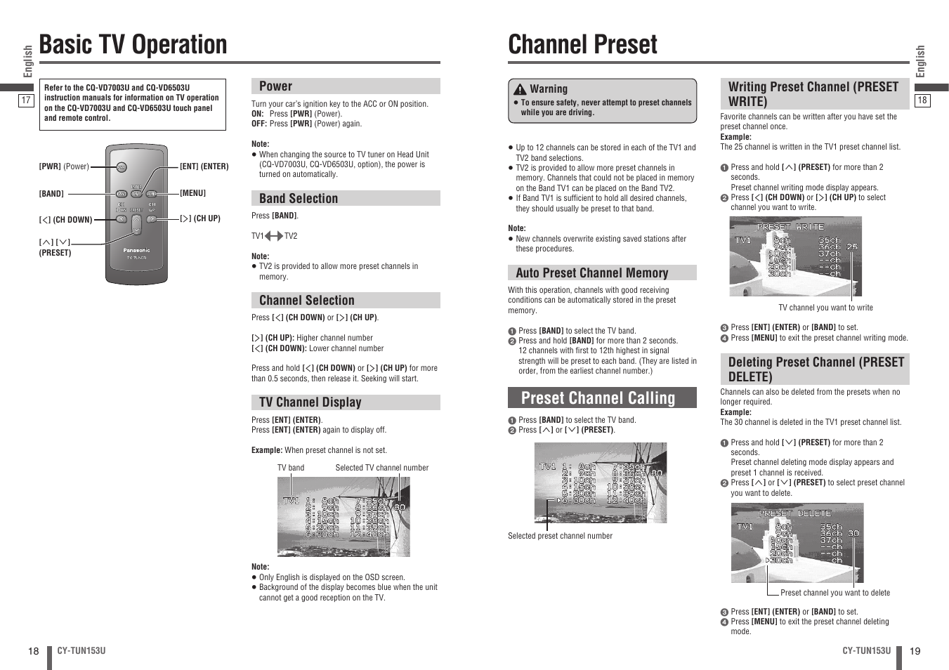 Basic tv operation, Channel preset, Preset channel calling | Panasonic CY-TUN153U User Manual | Page 10 / 52