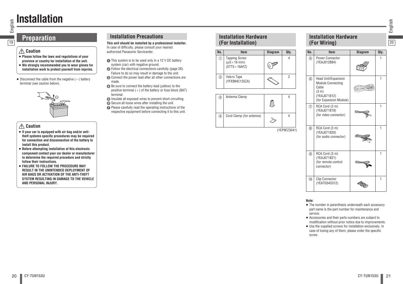 Installation, Preparation | Panasonic CY-TUN153U User Manual | Page 11 / 52