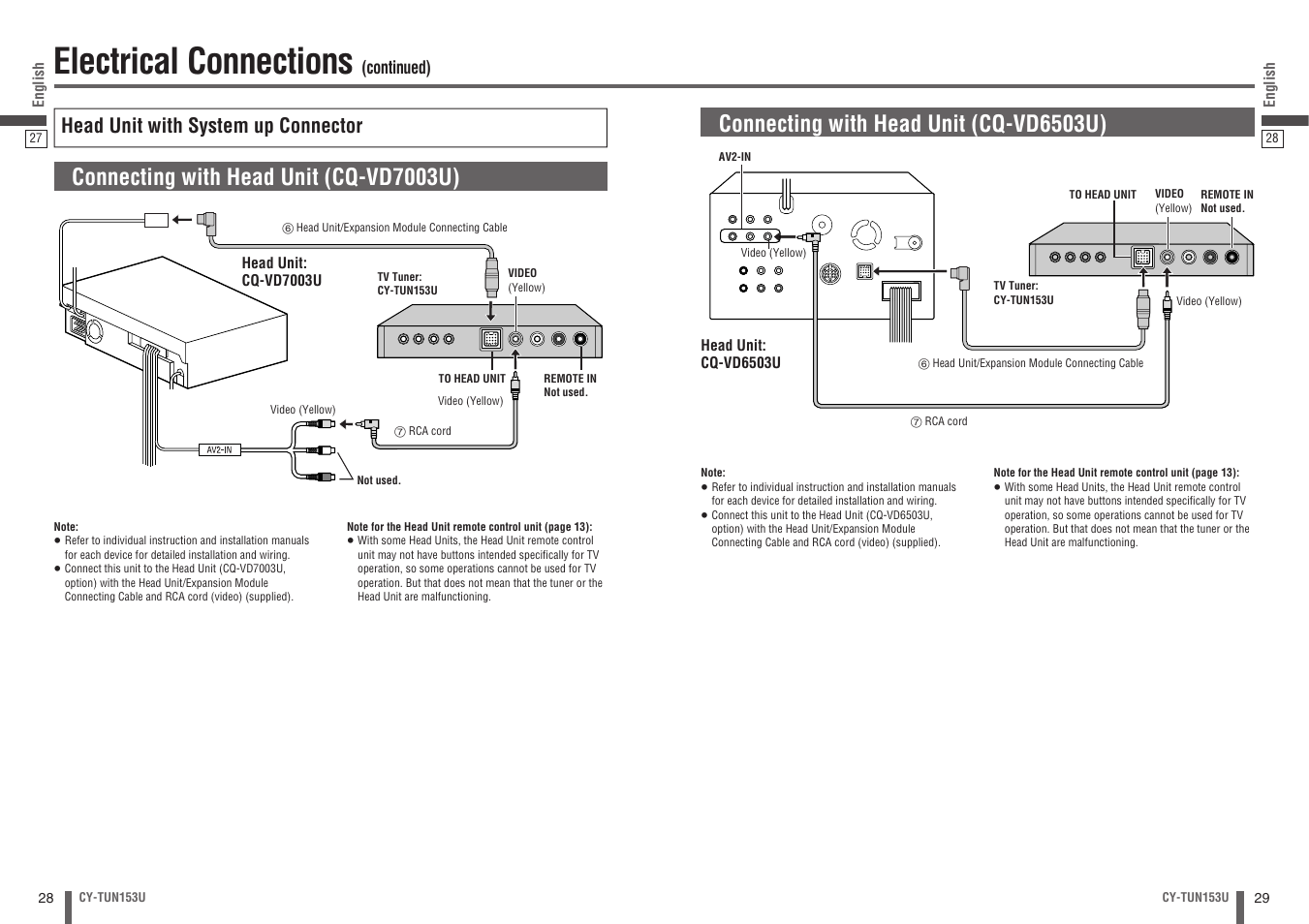 Electrical connections, Connecting with head unit (cq-vd7003u), Connecting with head unit (cq-vd6503u) | Head unit with system up connector | Panasonic CY-TUN153U User Manual | Page 15 / 52