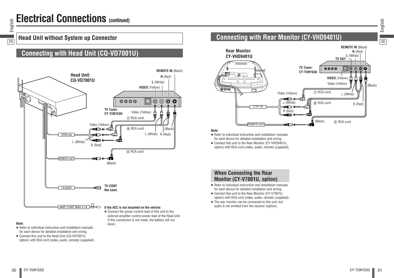 Electrical connections, Connecting with head unit (cq-vd7001u), Connecting with rear monitor (cy-vhd9401u) | Head unit without system up connector | Panasonic CY-TUN153U User Manual | Page 16 / 52