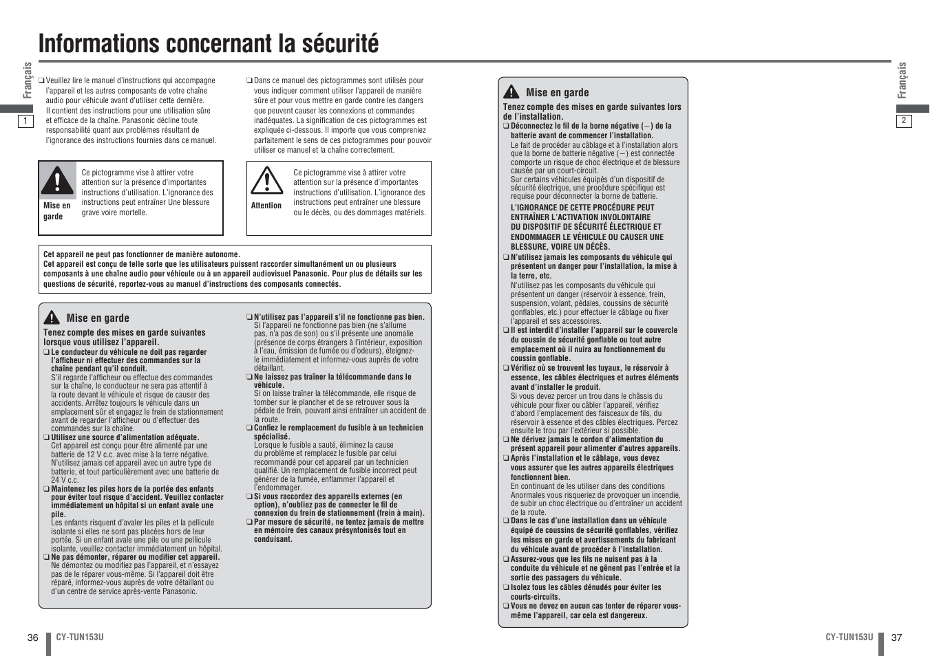 Francais, Informations concernant la securite, Informations concernant la sécurité | Panasonic CY-TUN153U User Manual | Page 19 / 52