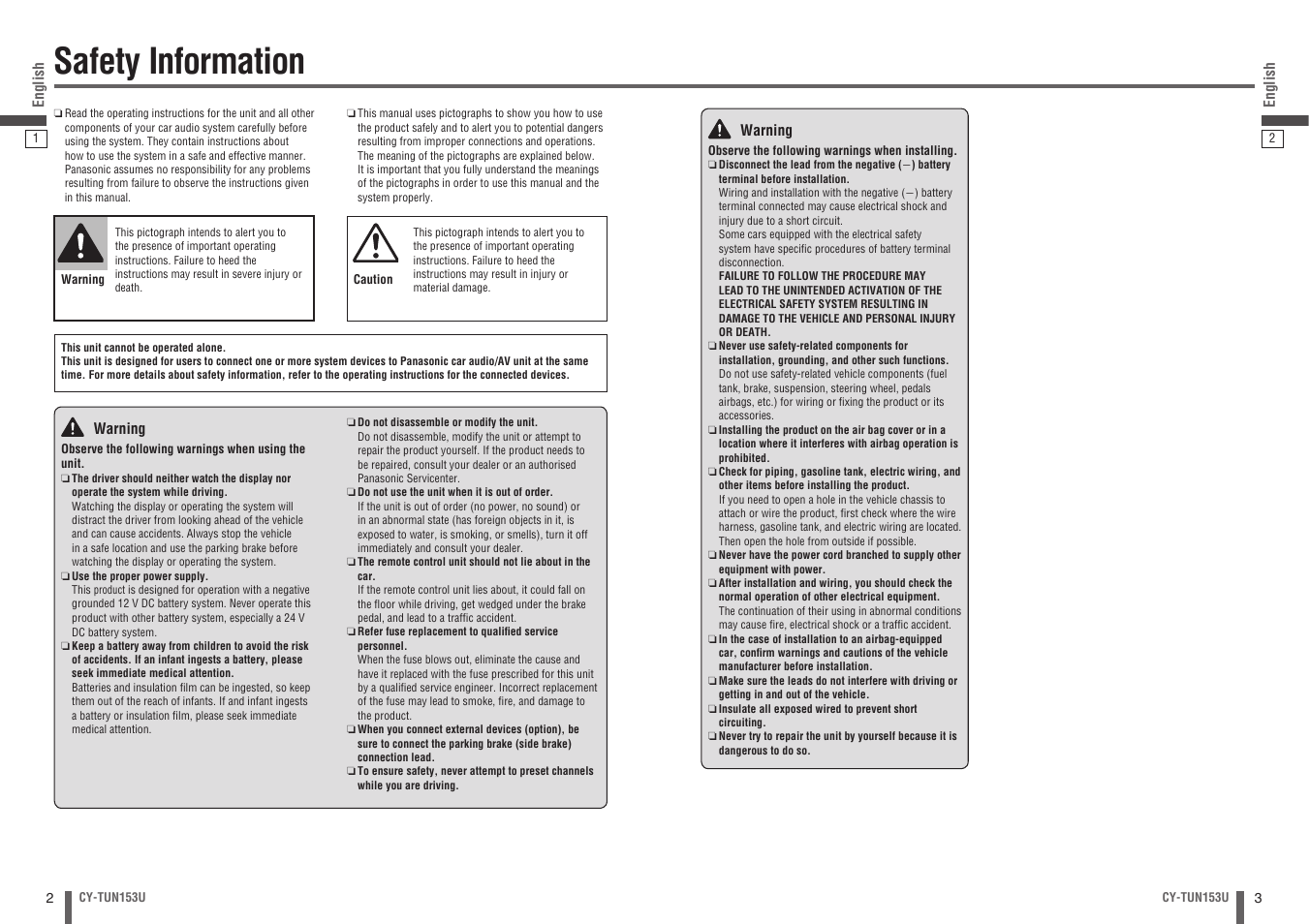 English, Safety information | Panasonic CY-TUN153U User Manual | Page 2 / 52