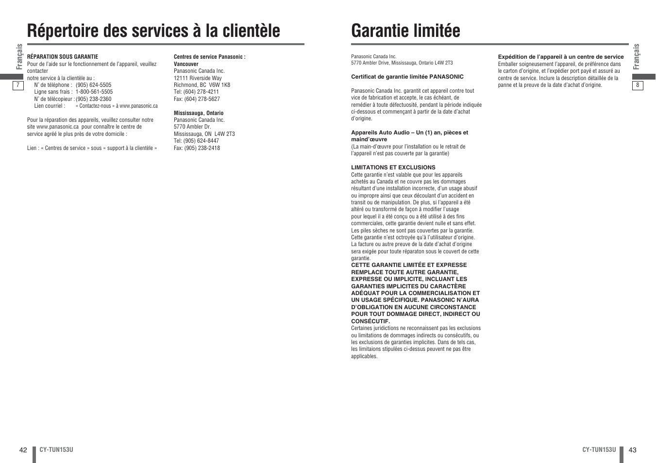 Repertoire des services a la clientele, Garantie limitee, Répertoire des services à la clientèle | Garantie limitée | Panasonic CY-TUN153U User Manual | Page 22 / 52